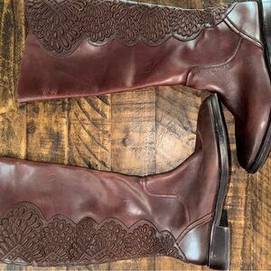 Brown Leather Knee-High Boots with Lace Detail